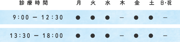 診療時間 月・火・水・金・土：9:00～12:30、13:30～18:00